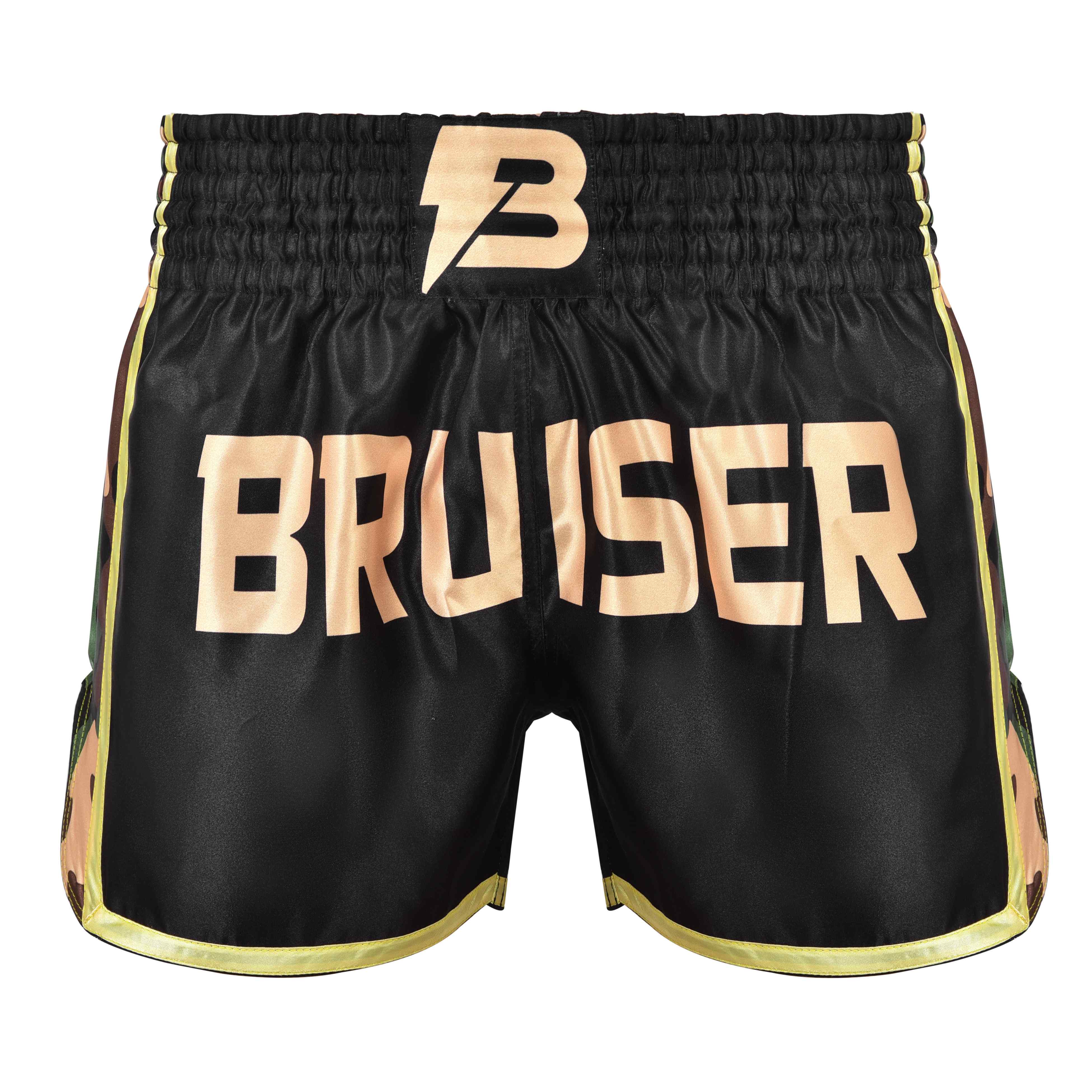 Short de Muay Thai "Bruiser" satén color negro con detalles dorados y diseño camuflaje. Logo en el centro y cintura elástica. Diseño camuflaje a los lados. Foto frontal. 