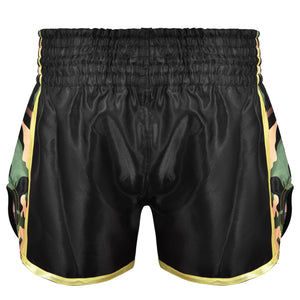 Short de Muay Thai "Bruiser" satén color negro con detalles dorados y diseño camuflaje. Logo en el centro y cintura elástica. Diseño camuflaje a los lados. Foto trasera. 