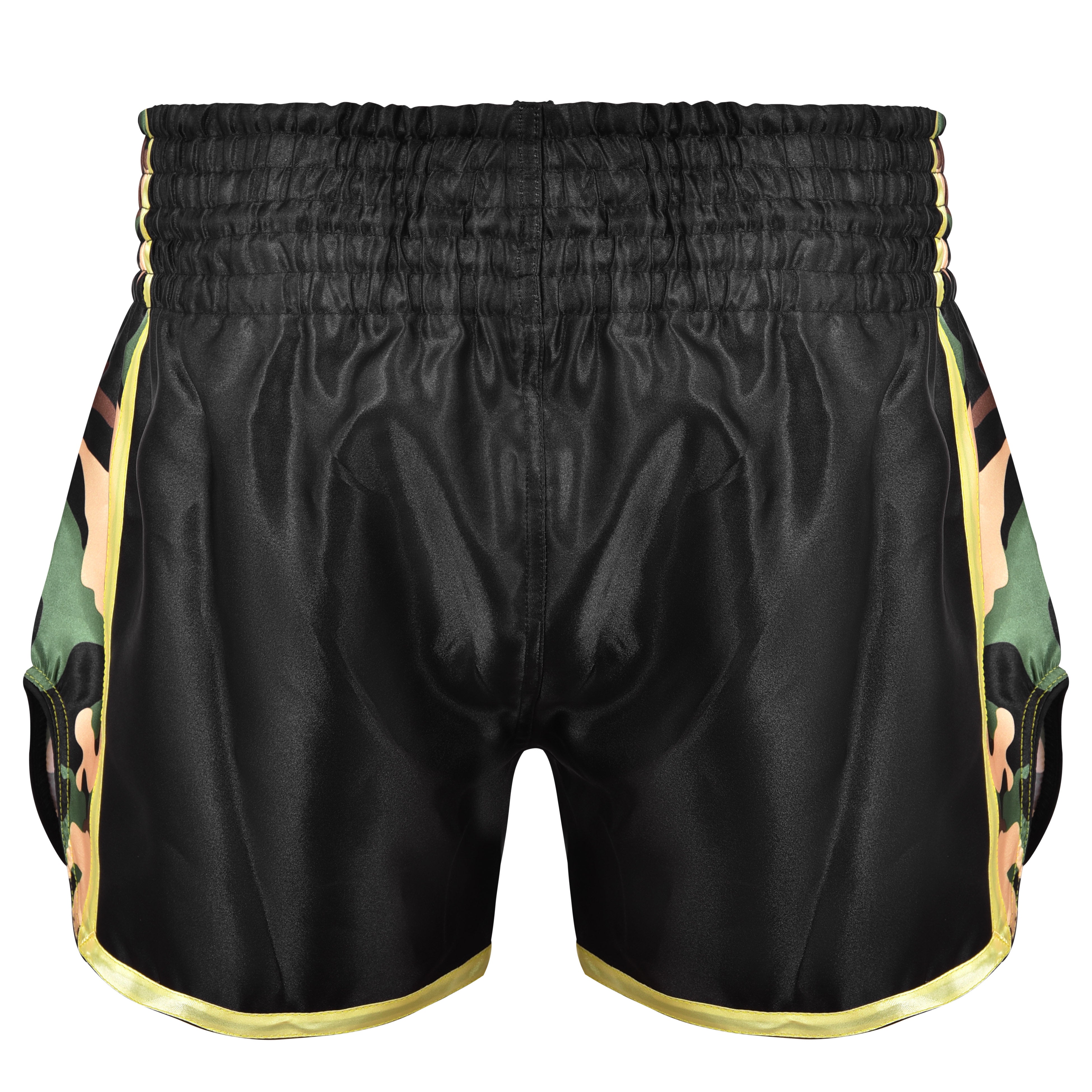 Short de Muay Thai "Bruiser" satén color negro con detalles dorados y diseño camuflaje. Logo en el centro y cintura elástica. Diseño camuflaje a los lados. Foto trasera. 