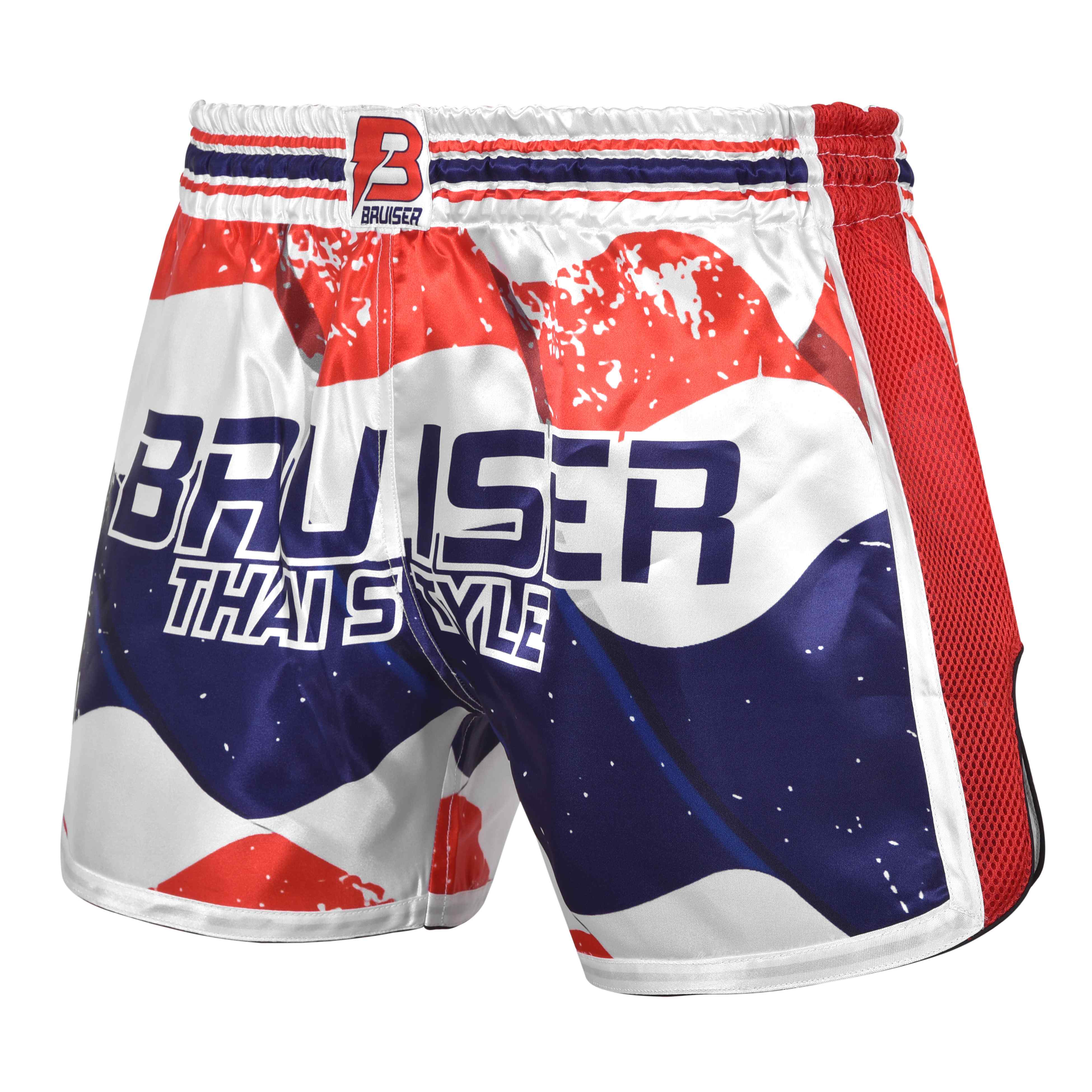 Short de Muay Thai satén con los colores de la bandera Tailandesa, logo Bruiser en el centro en letras grandes azules y en cintura en rojo. Material cómodo y transpirable con ajuste firme. 