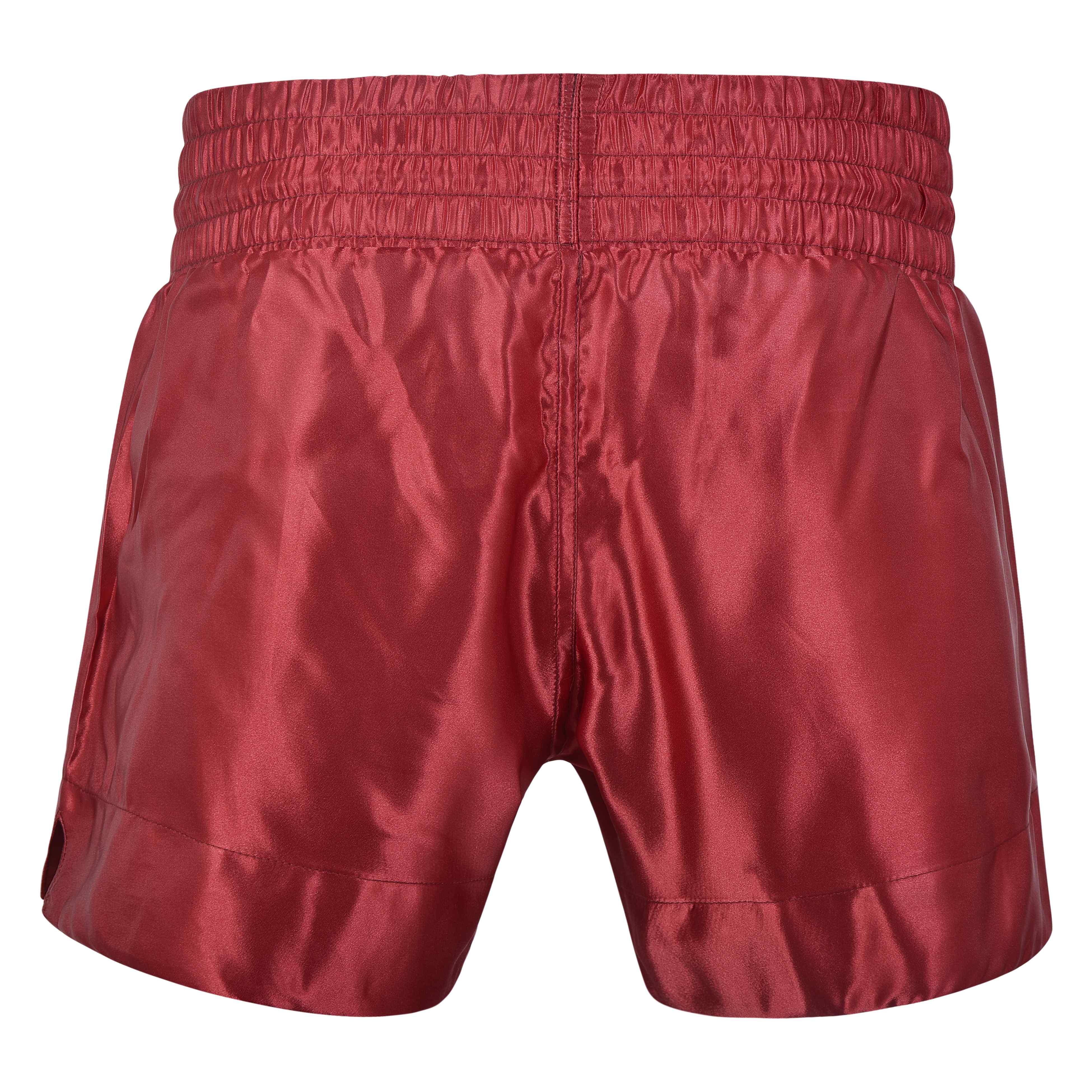 Short de Muay Thai satén color rojo y dorado. Material cómodo y transpirable con ajuste firme. Parte trasera.
