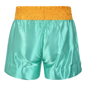 Short de Muay Thai satén color turquesa y dorado. Material cómodo y transpirable con ajuste firme. 
