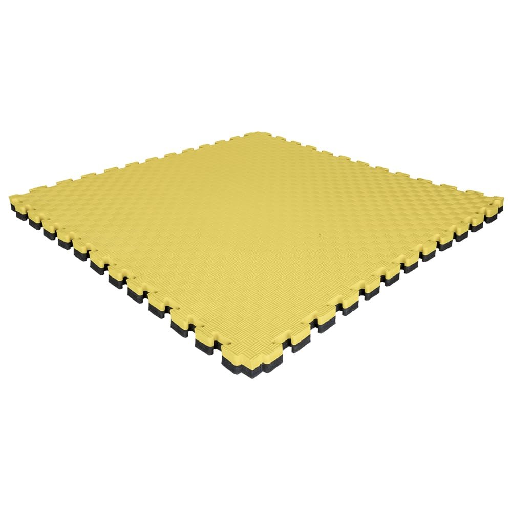 Pieza tatami puzzle 2,5cm color amarillo y negro con acabado profesional y antildeslizante. Tamaño 100x100cm con grosor de 2,5cm. Fabricado en EVA.  