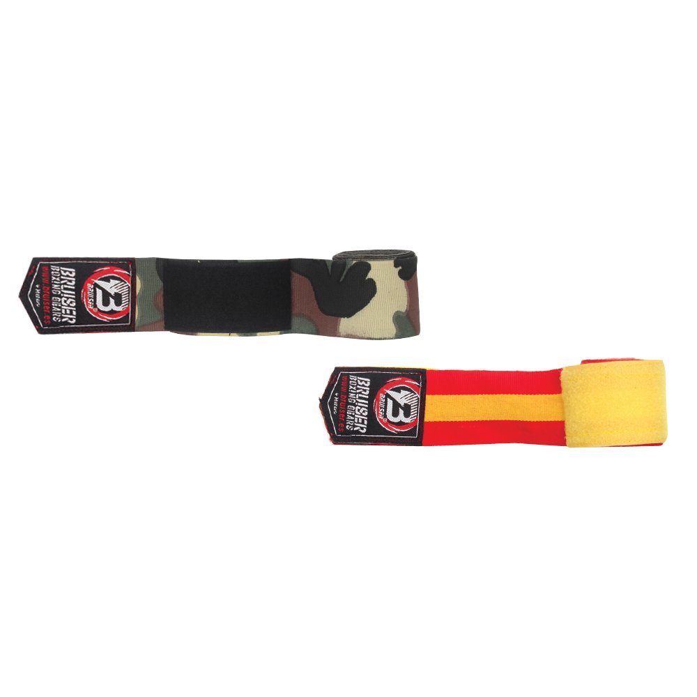 Vendas de boxeo elásticas marca Bruiser. Diseño de camuflaje y diseño bandera de España. 