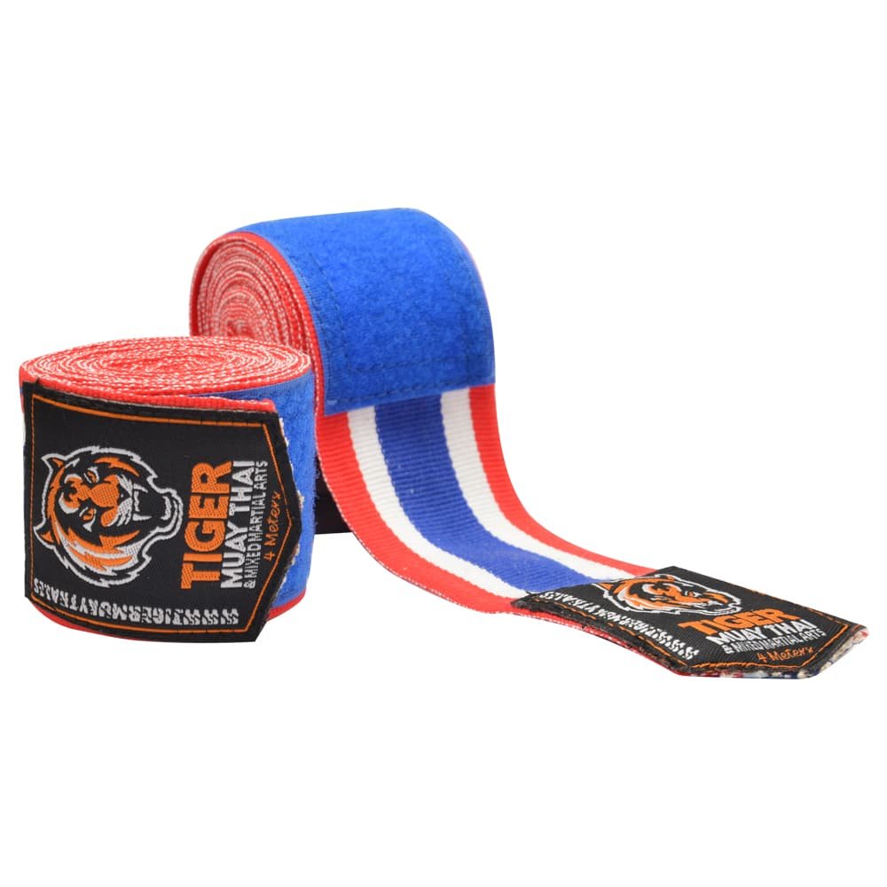 Vendas elásticas de boxeo marca TMT con diseño de la bandera de Tailandia. 