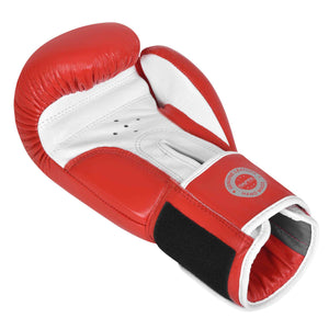 Palma de Guante de boxeo rojo y blanco Bruiser Elite Pro estirado. Hecho de piel de vaca. Velcro firme con forro interior. Imagen frontal. 