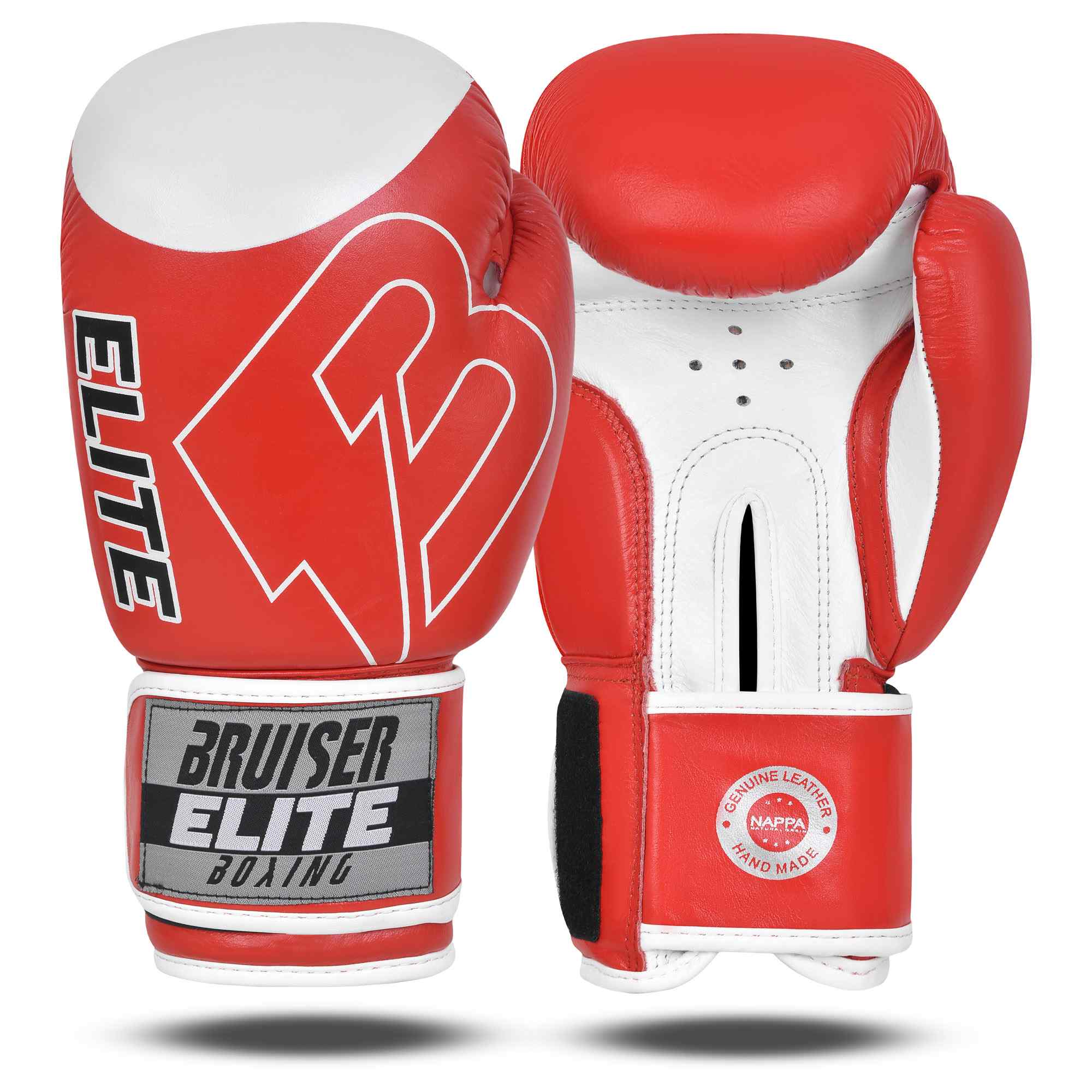 Guantes de boxeo rojos y blancos Bruiser Elite Pro, por delante y por detrás. Logo en grande en el centro del guante. Hechos de piel de vaca. Velcro firme con forro interior. Imaen frontal. 