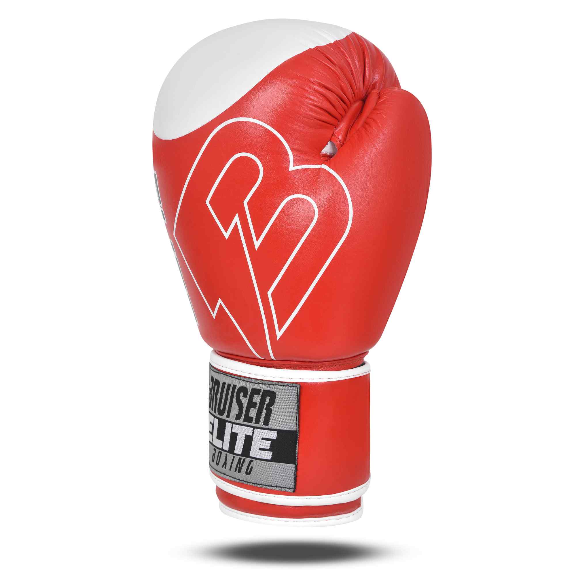 Guante de boxeo rojo y blanco Bruiser Elite Pro. Logo en grande en el centro del guante. Hechos de piel de vaca. Velcro firme con forro interior. Imagen frontal. 