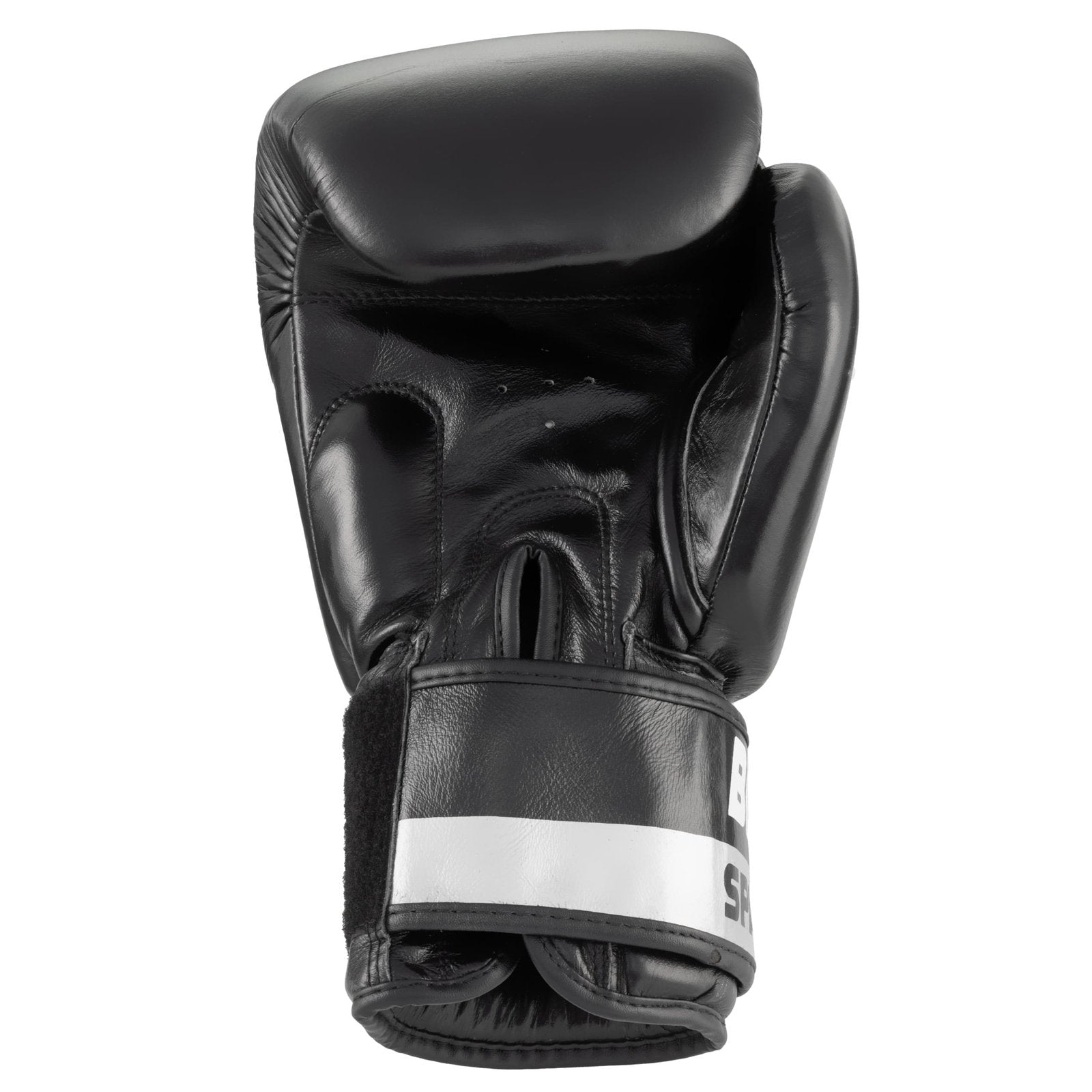 Vista posterior de guantes de boxeo profesionales con detalle del cierre de velcro ancho y soporte de muñeca seguro.