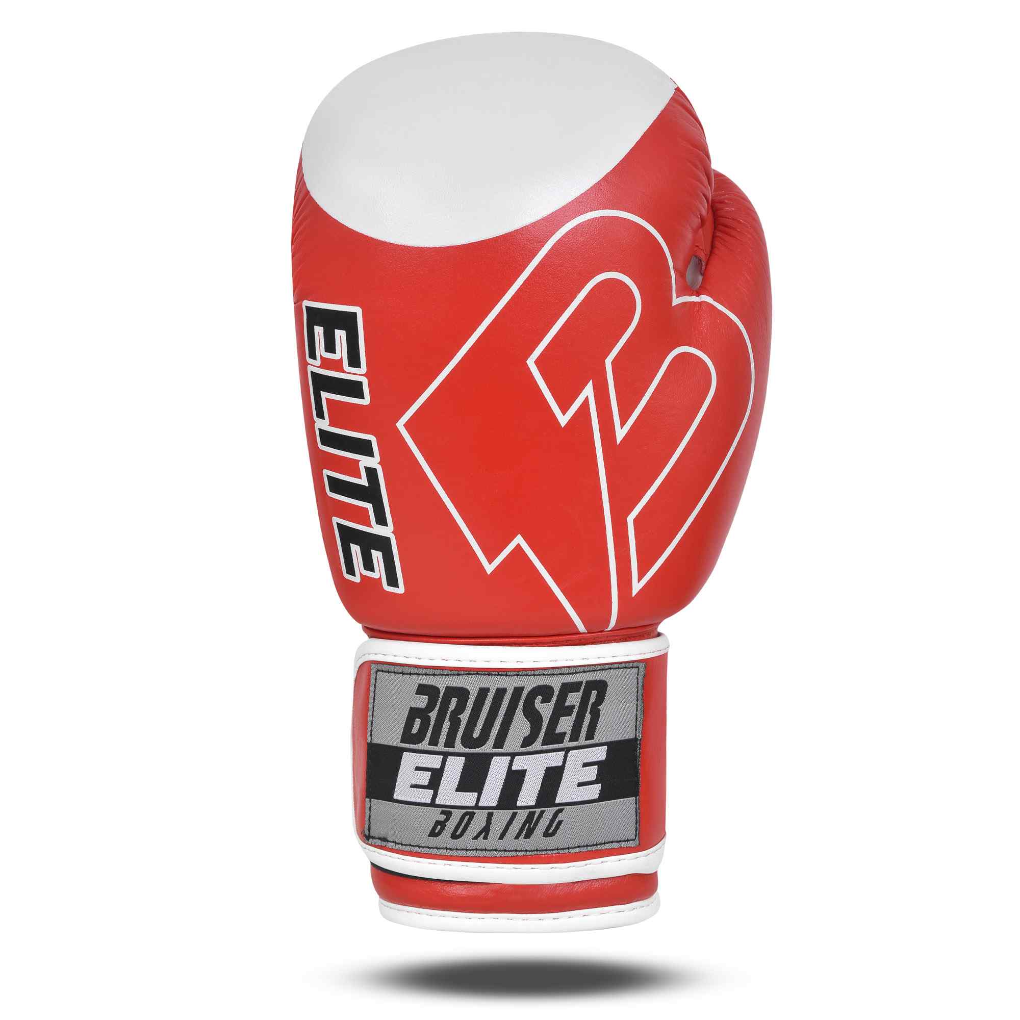 Guante de boxeo rojo y blanco Bruiser Elite Pro. Logo en grande en el centro del guante. Hechos de piel de vaca. Velcro firme con forro interior. Imagen frontal. 