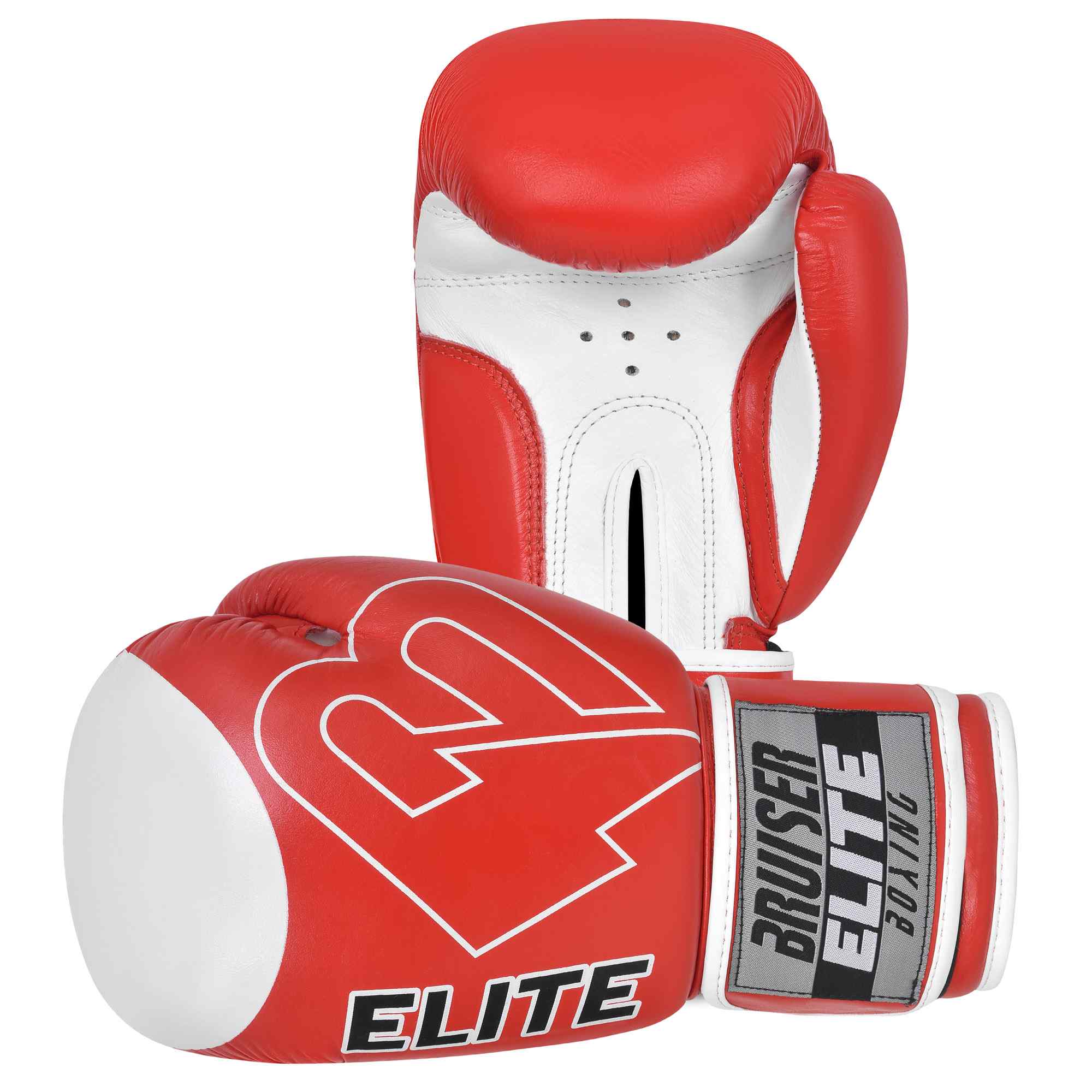 Guantes de boxeo rojos y blancos Bruiser Elite Pro, uno estirado y otro de pie. Logo en grande en el centro del guante. Hechos de piel de vaca. Velcro firme con forro interior. Imagen frontal. 